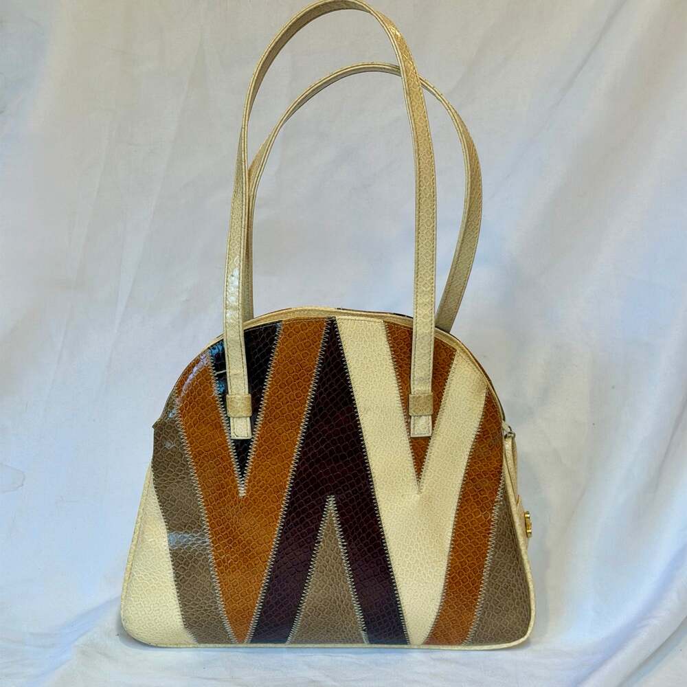 Vintage 1970s Lou Taylor Italian Patchwork Snakeskin Leather Shoulder Bag Mirror